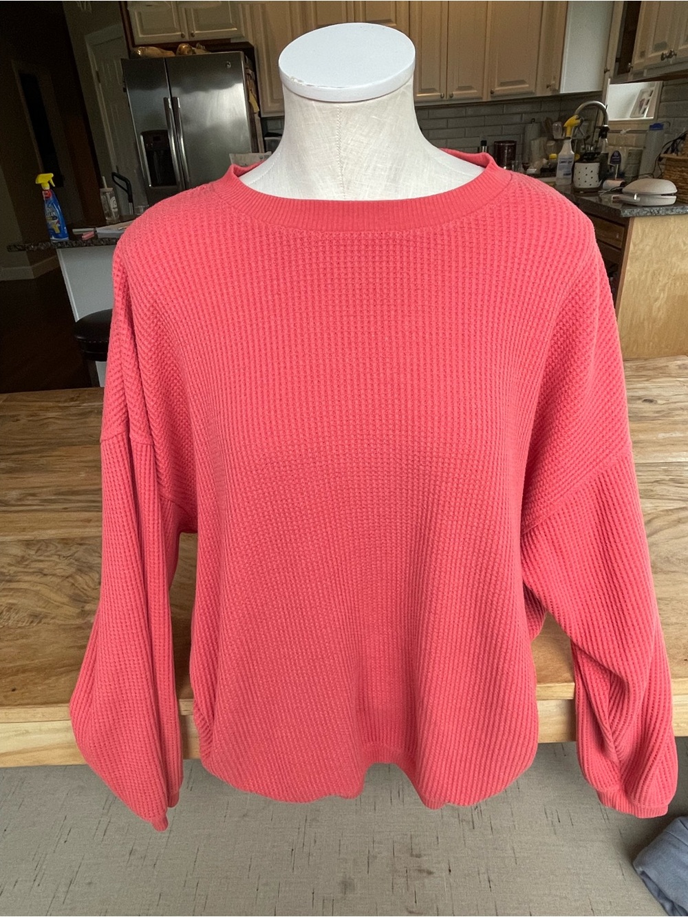 aerie Coral Waffle-Knit Crewneck Sweater